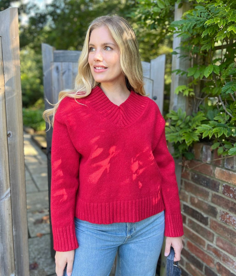 Red V Neck Knitted Jumper
