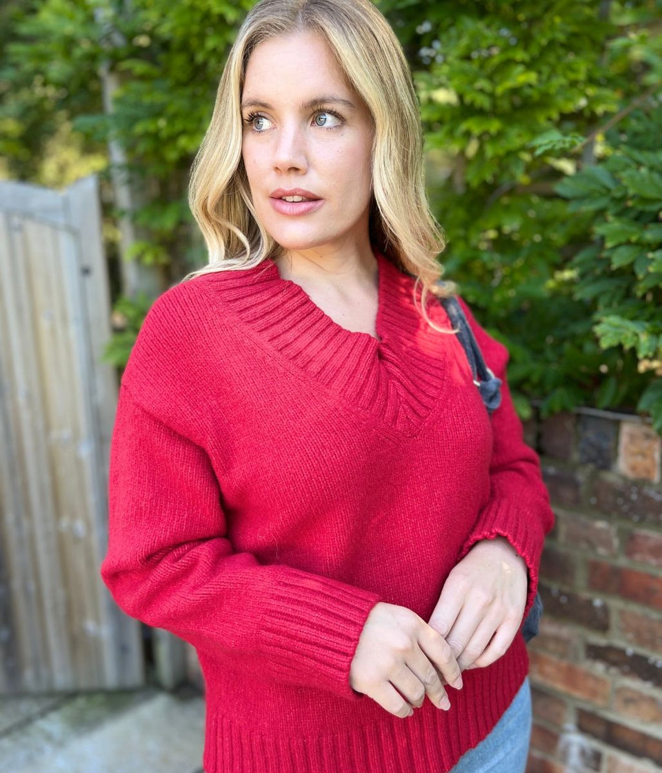 Red V Neck Knitted Jumper