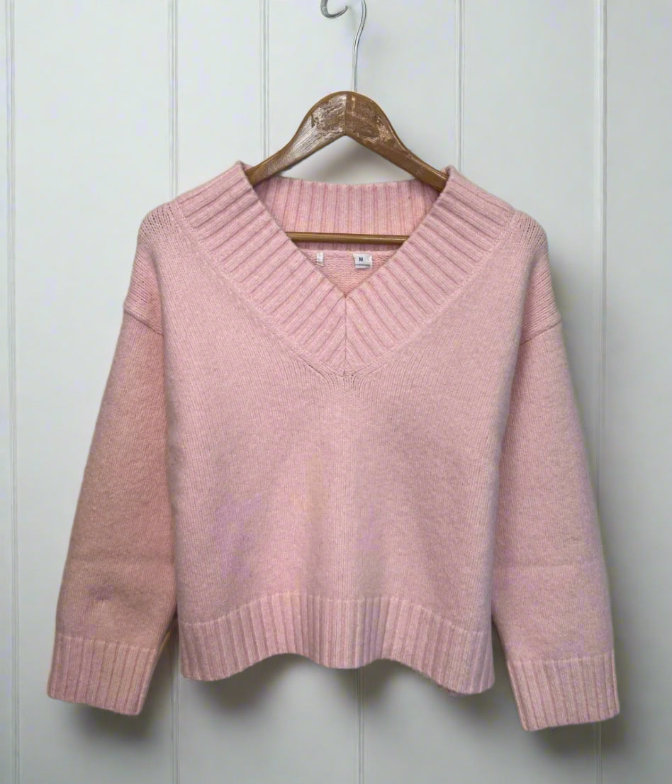 Pink V Neck Knitted Jumper