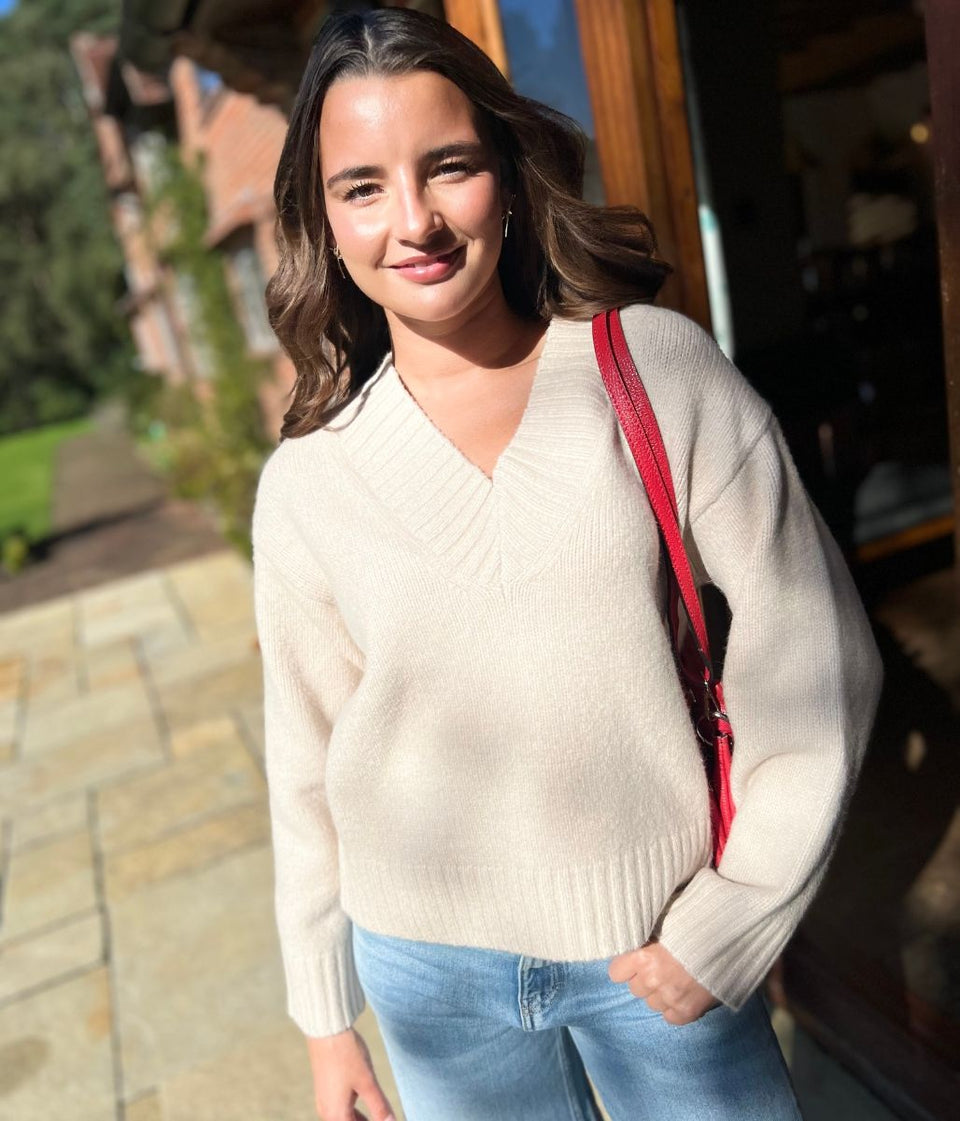 Natural V Neck Knitted Jumper