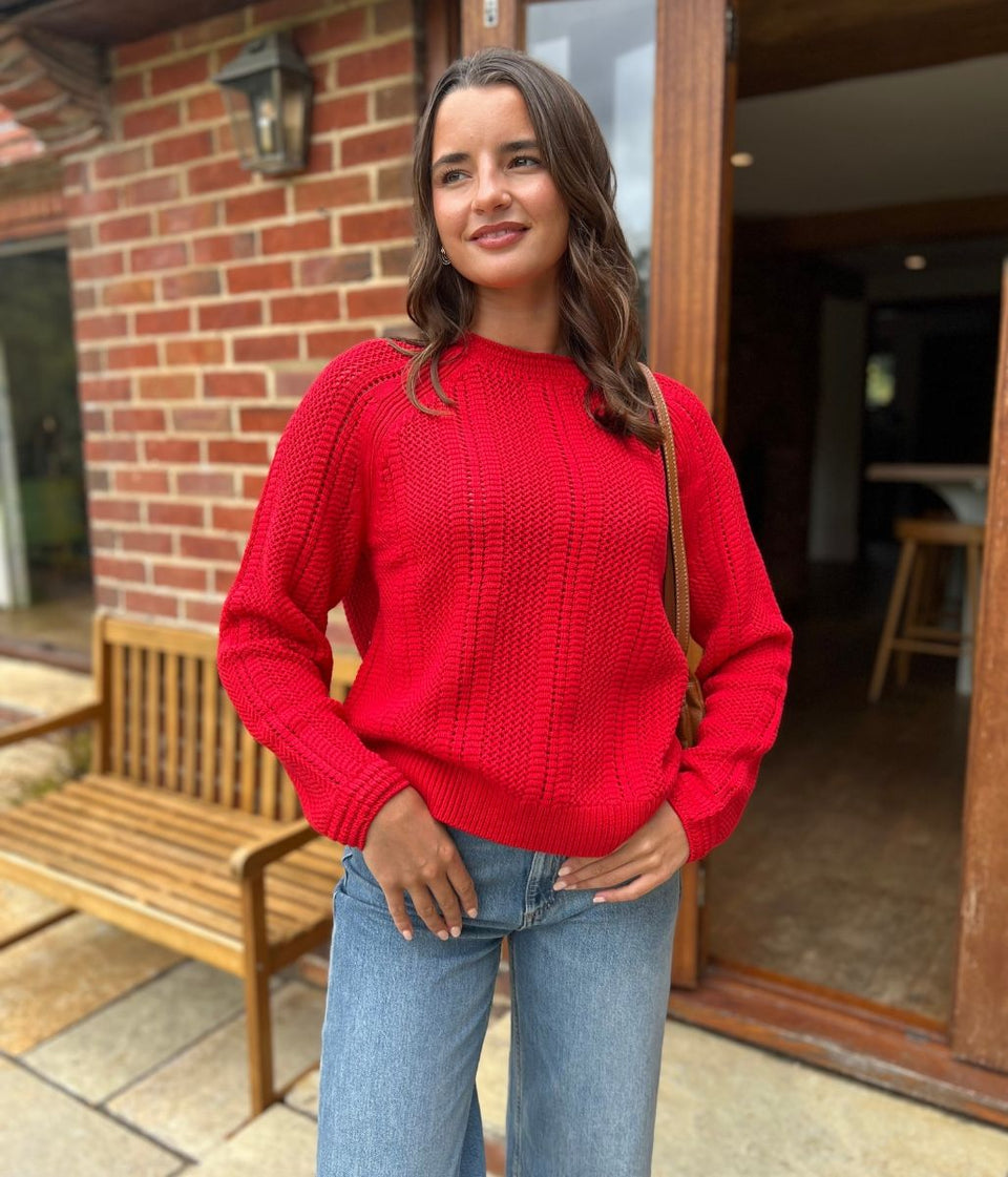 Red Cotton Blend Textured Jumper