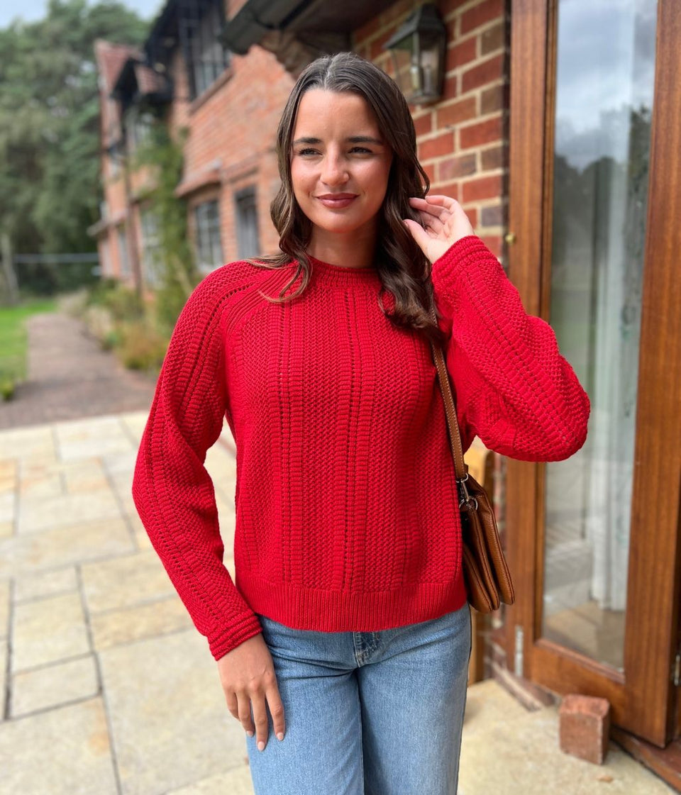 Red Cotton Blend Textured Jumper