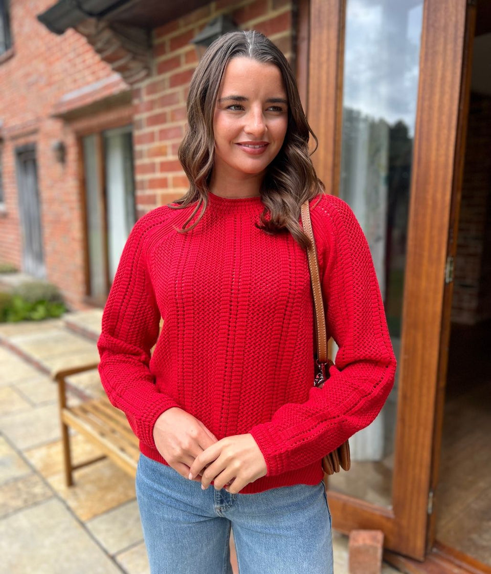 Red Cotton Blend Textured Jumper