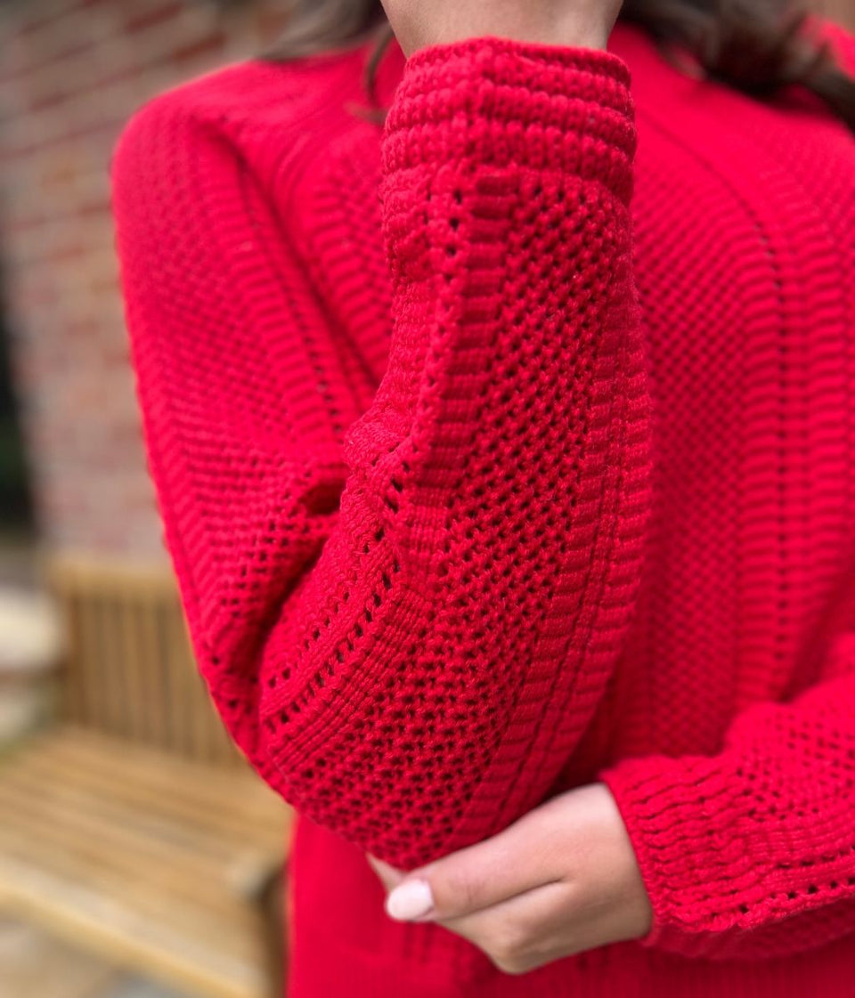 Red Cotton Blend Textured Jumper