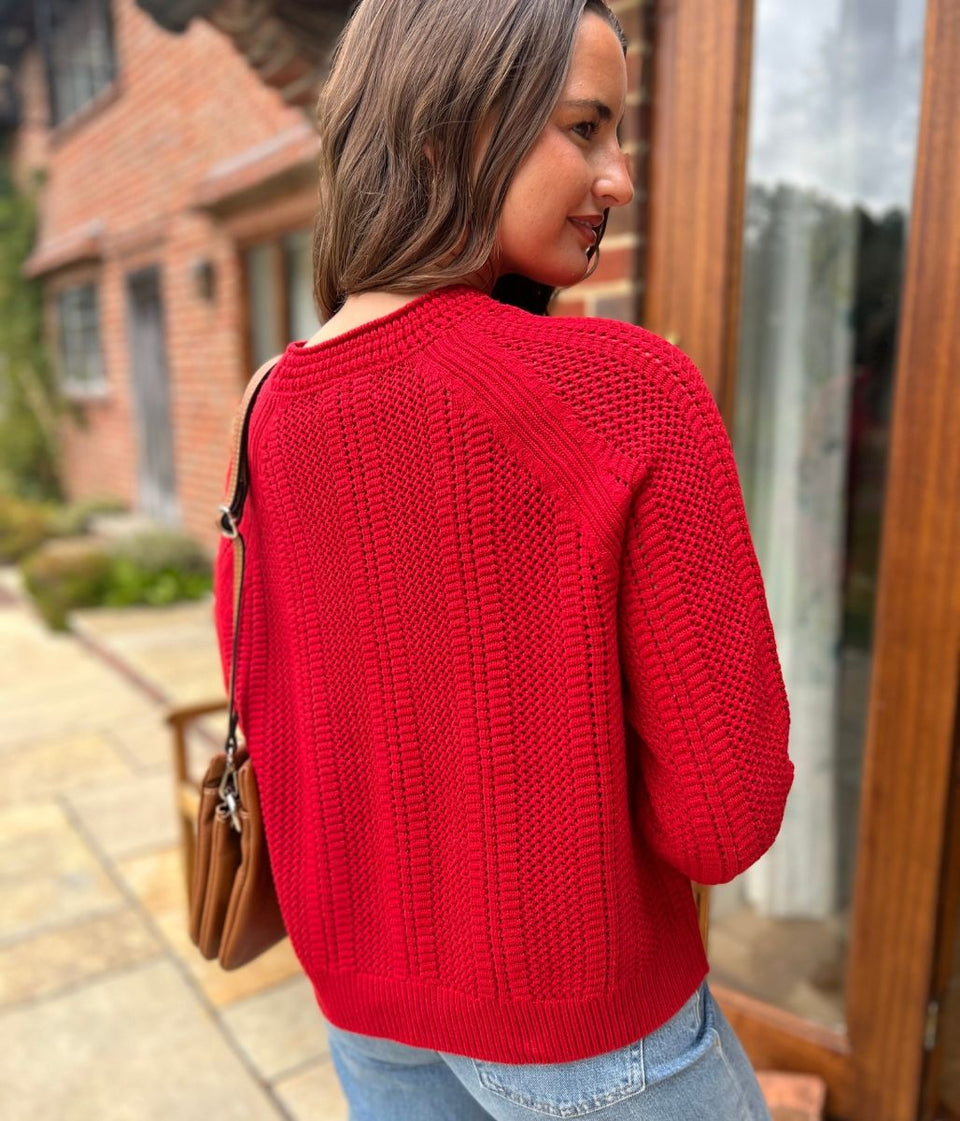 Red Cotton Blend Textured Jumper