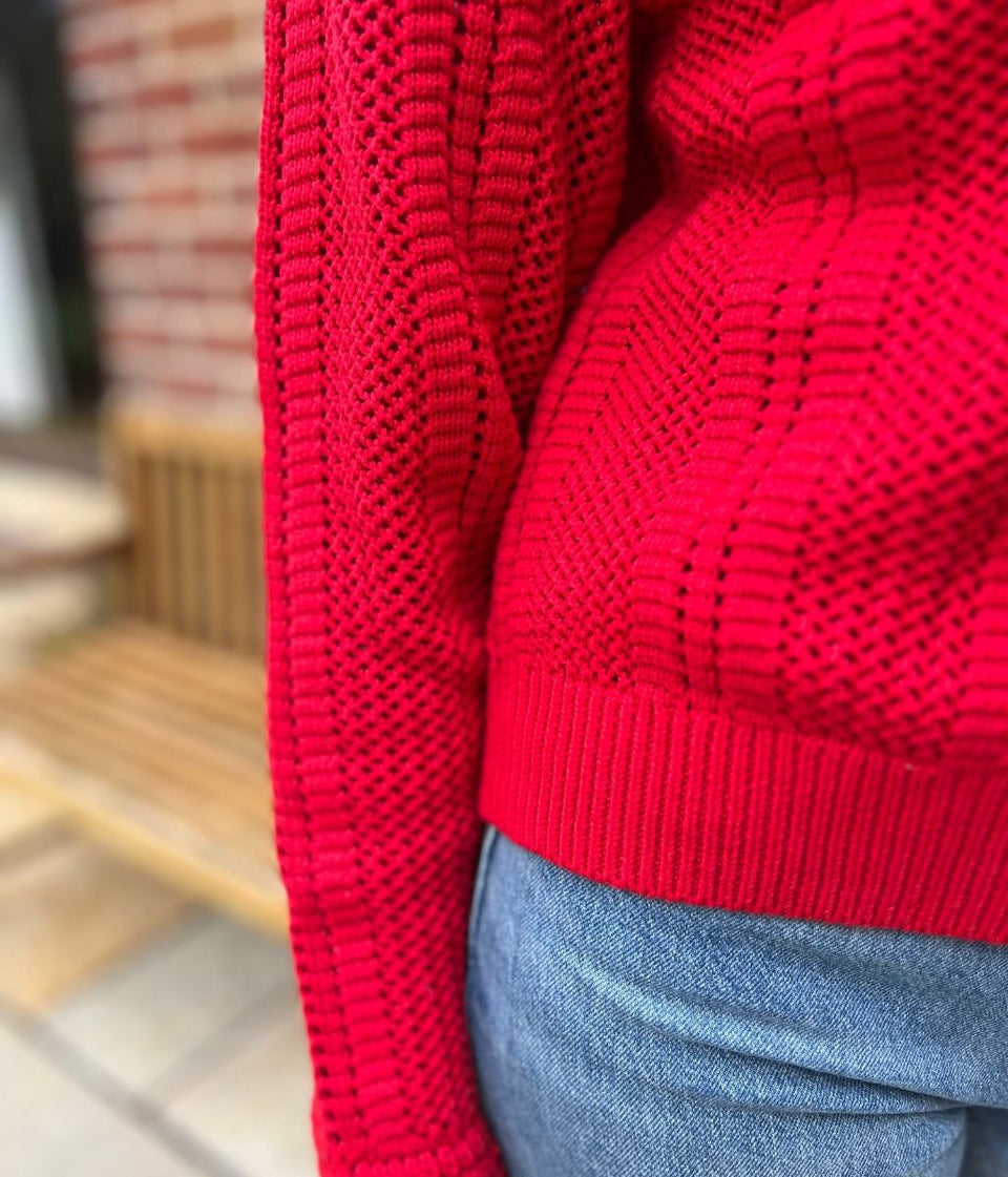 Red Cotton Blend Textured Jumper