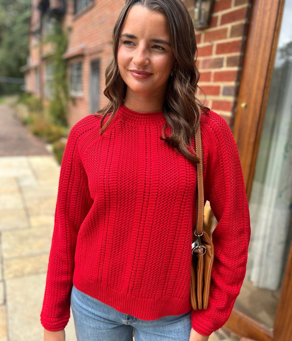 Red Cotton Blend Textured Jumper