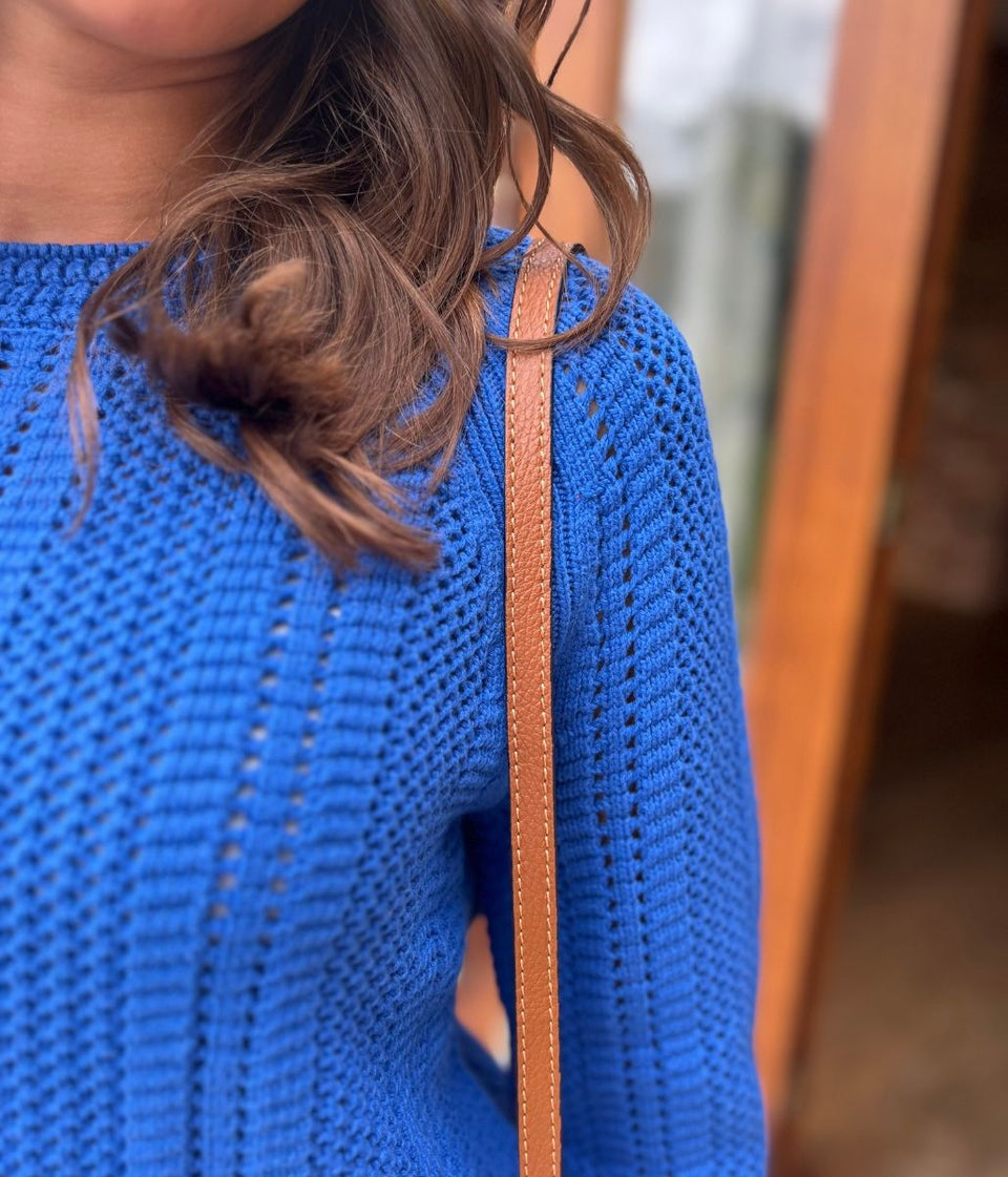 Blue Cotton Blend Textured Jumper