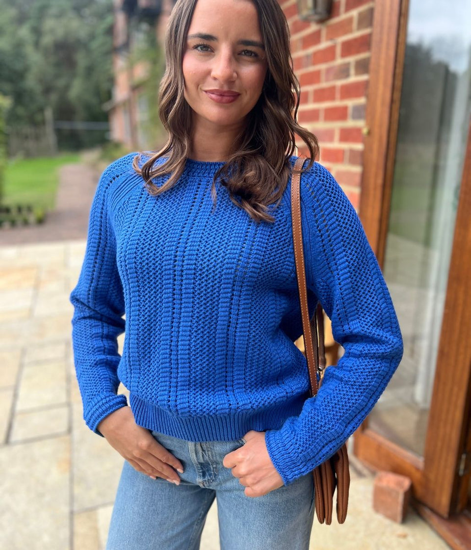 Blue Cotton Blend Textured Jumper