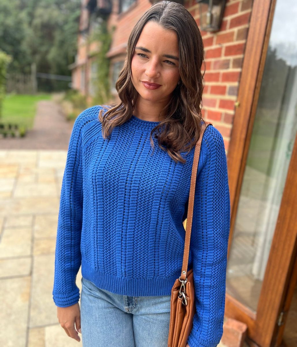 Blue Cotton Blend Textured Jumper