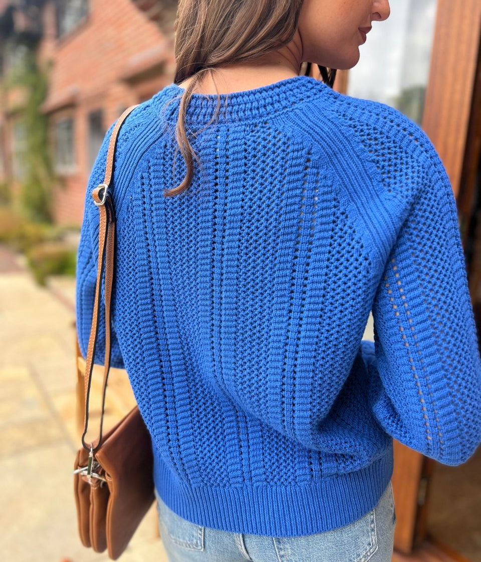Blue Cotton Blend Textured Jumper
