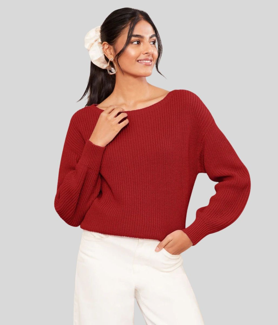 Red Boat Neck Knitted Jumper