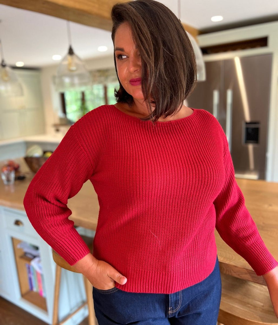 Red Boat Neck Knitted Jumper