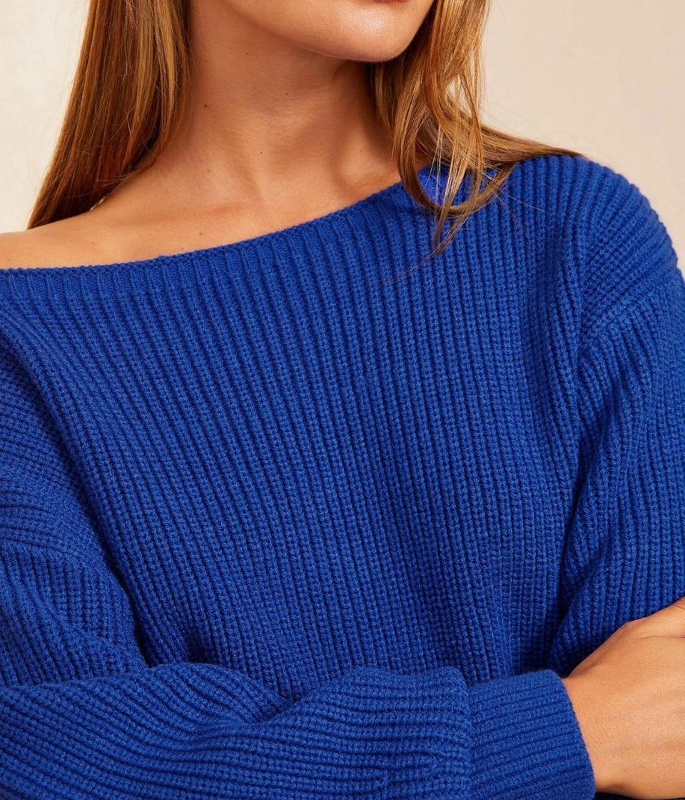 Blue Boat Neck Knitted Jumper