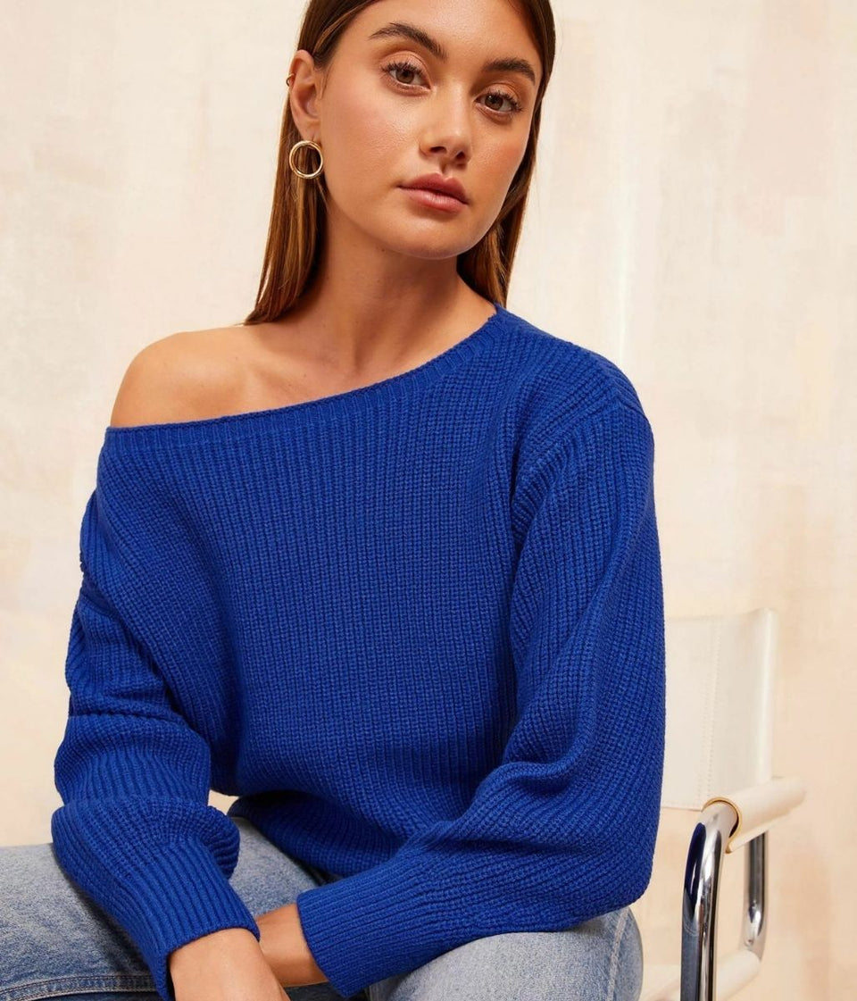 Blue Boat Neck Knitted Jumper
