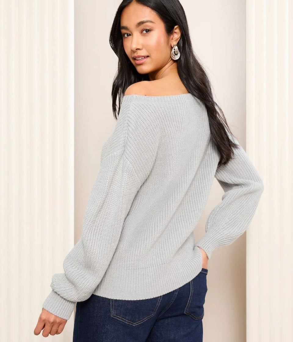 Grey Boat Neck Knitted Jumper
