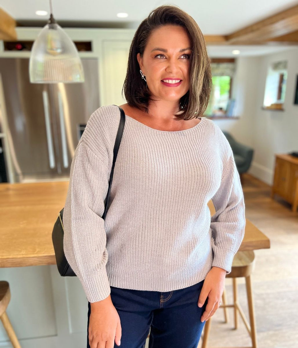 Grey Boat Neck Knitted Jumper