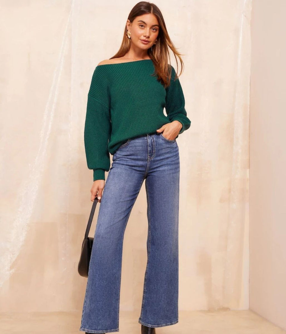 Teal Boat Neck Knitted Jumper