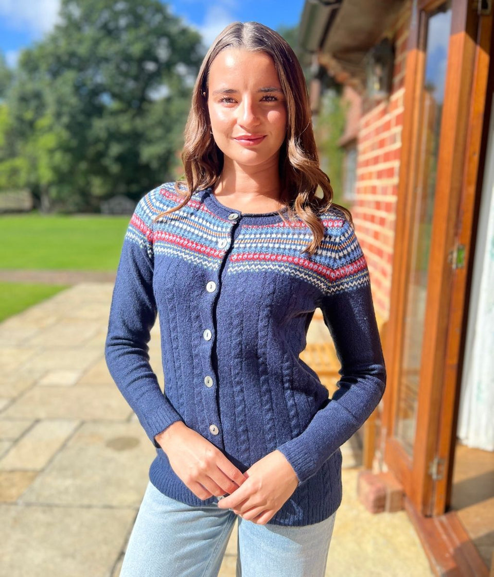 Navy Fairisle Crew Neck Cardigan