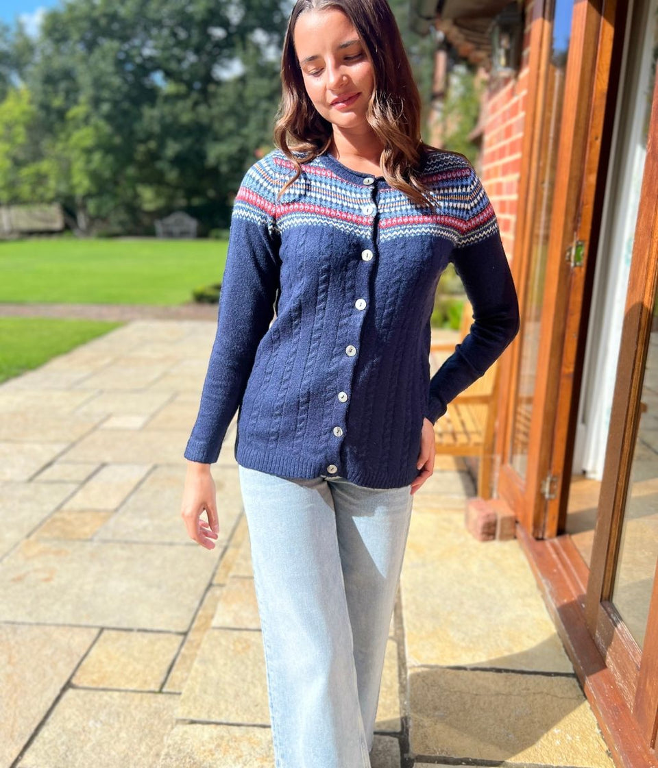 Navy Fairisle Crew Neck Cardigan
