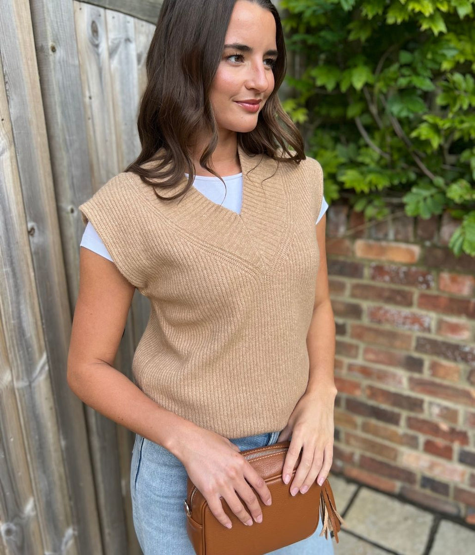 Biscuit V Neck Knitted Sleeveless Jumper