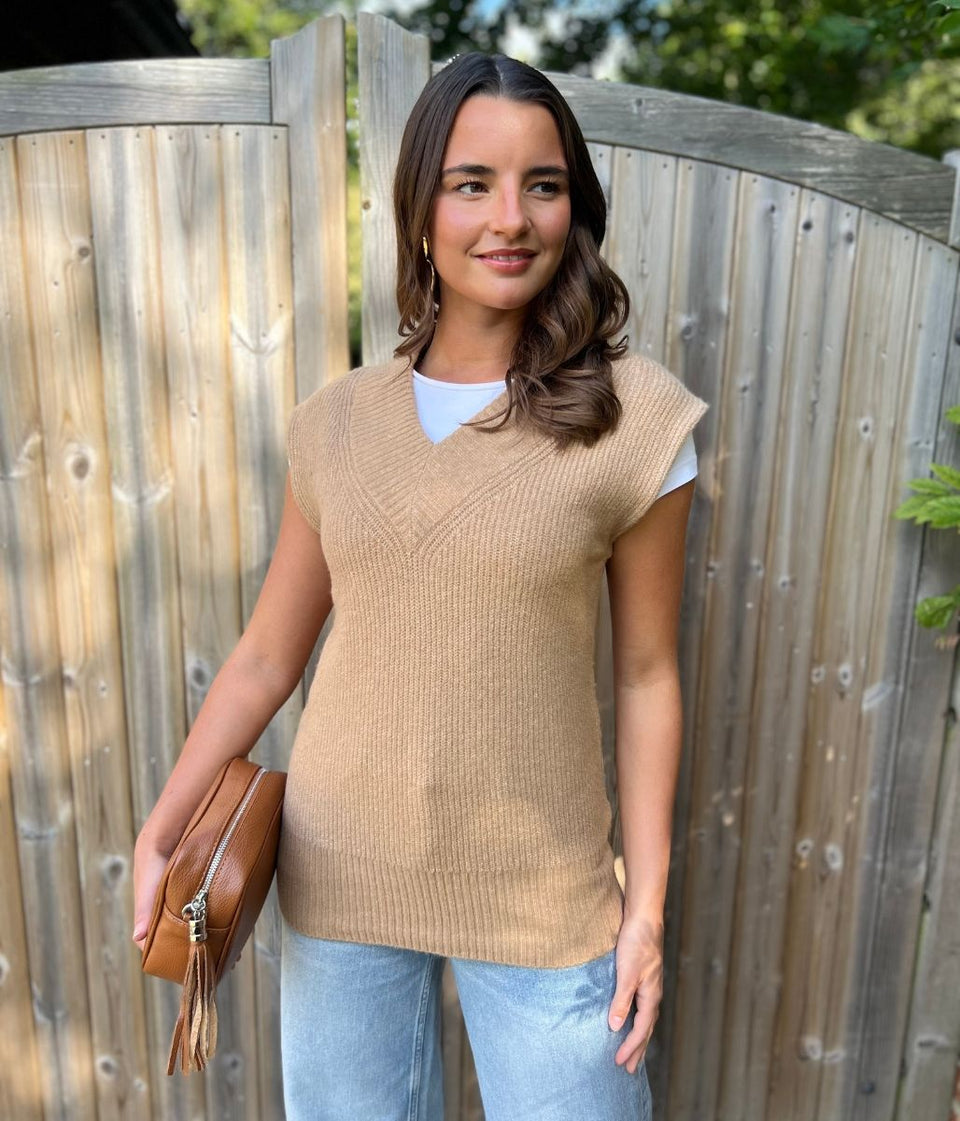 Biscuit V Neck Knitted Sleeveless Jumper