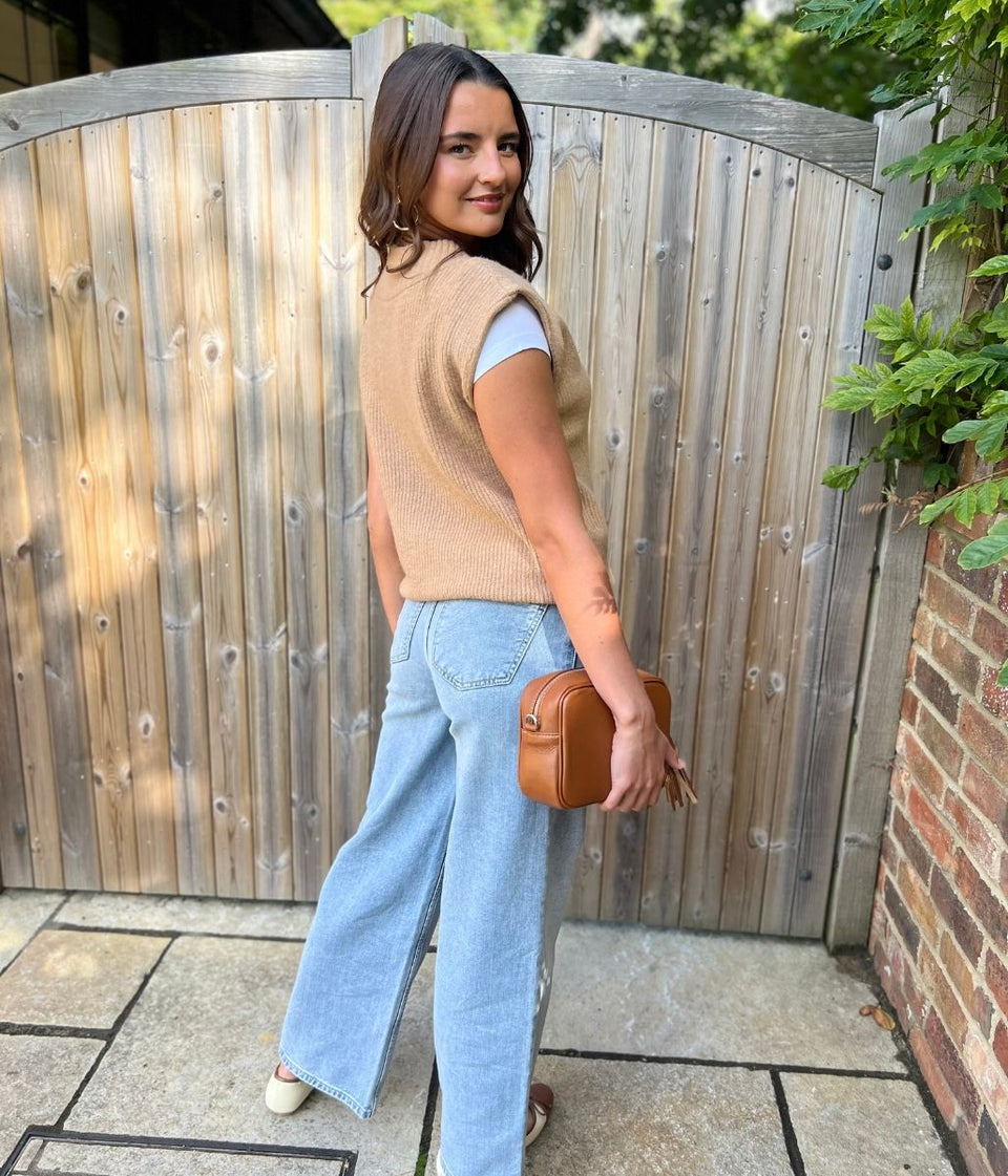 Biscuit V Neck Knitted Sleeveless Jumper