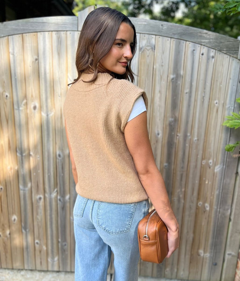 Biscuit V Neck Knitted Sleeveless Jumper