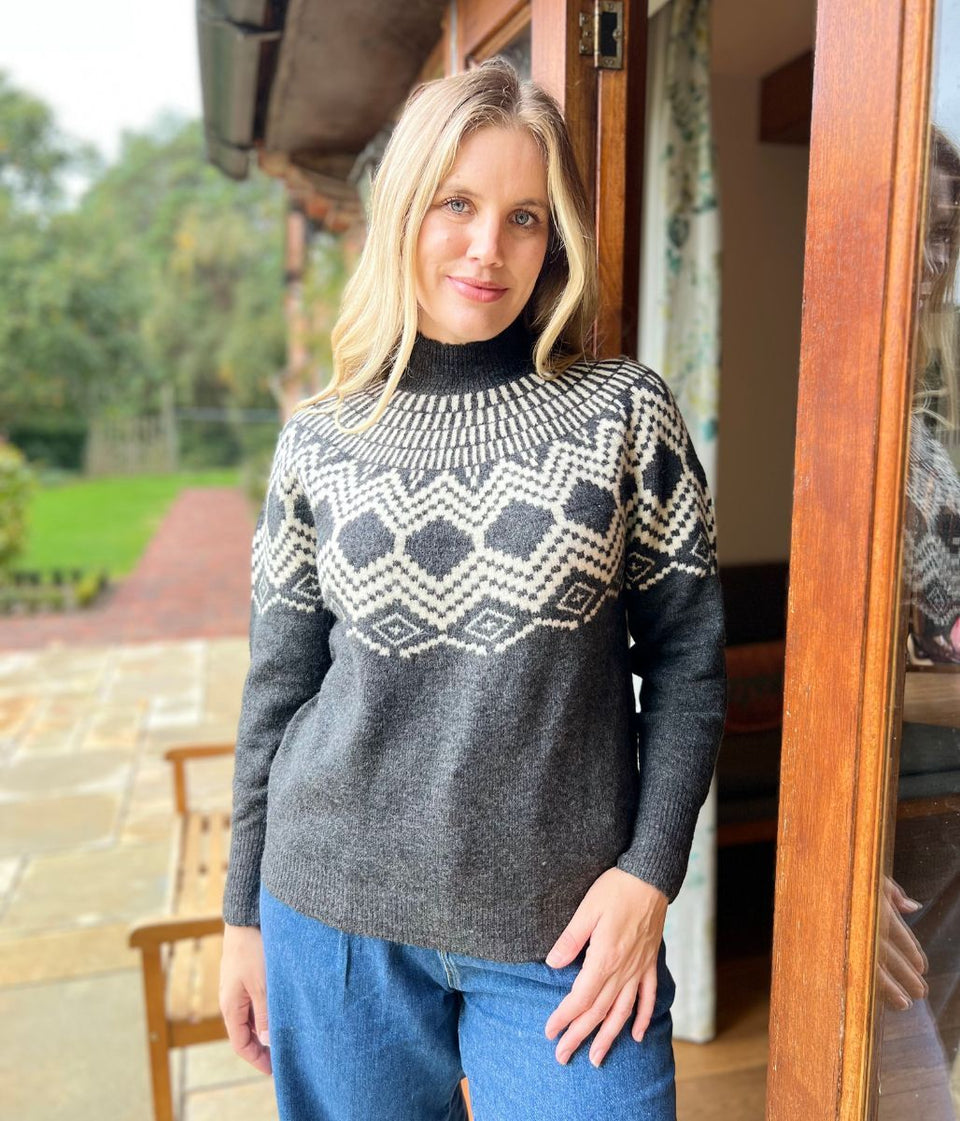 Charcoal Mosaic Funnel Neck Jumper