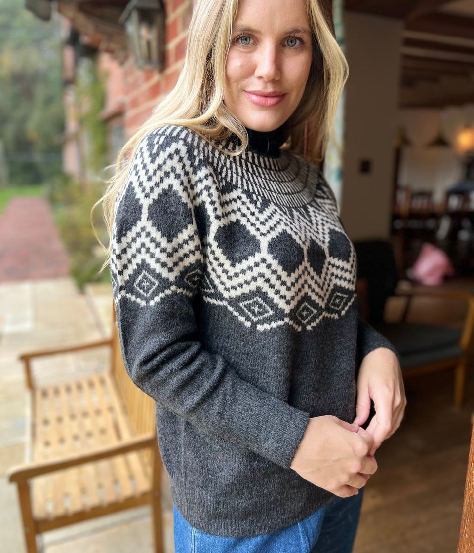 Charcoal Mosaic Funnel Neck Jumper