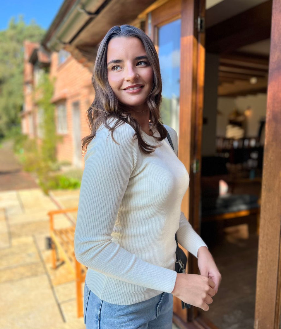 Ivory Merino Wool Ribbed Jumper