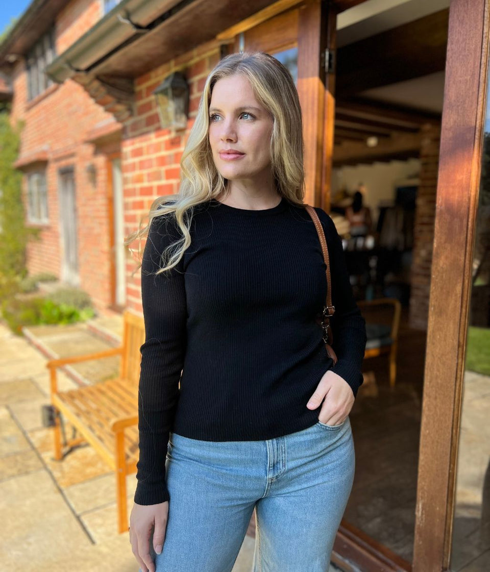 Black Merino Wool Ribbed Jumper