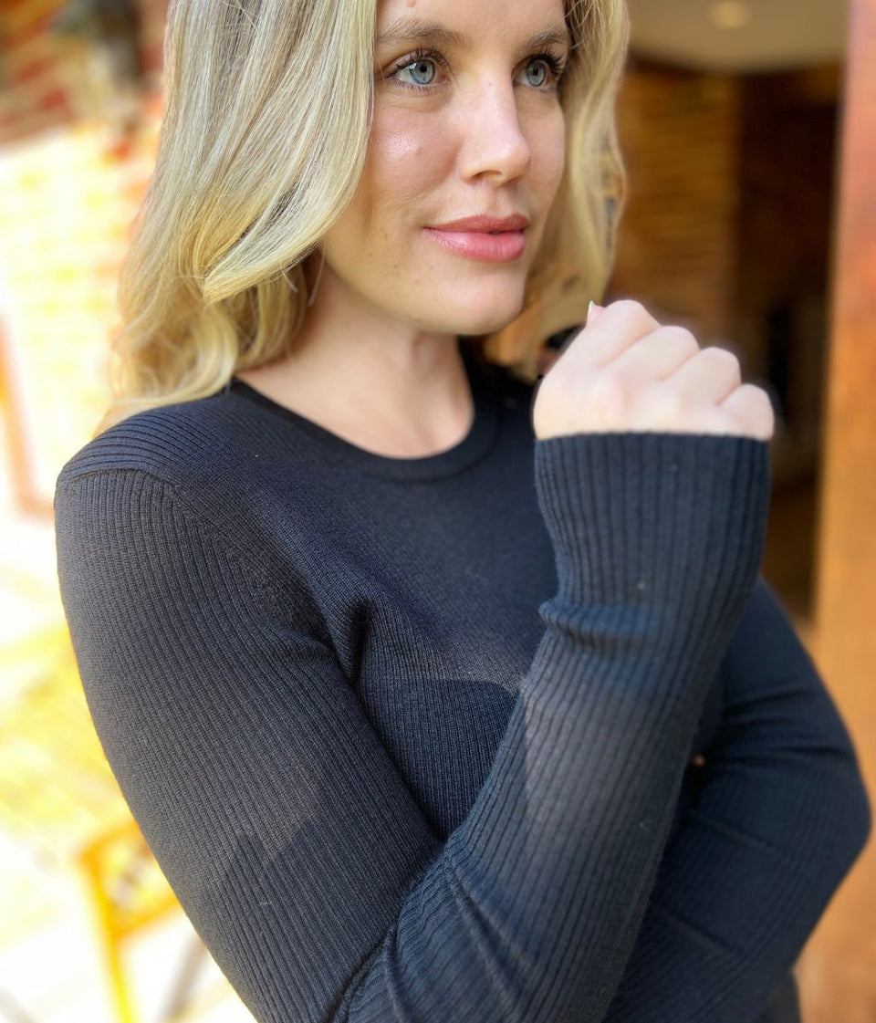 Black Merino Wool Ribbed Jumper