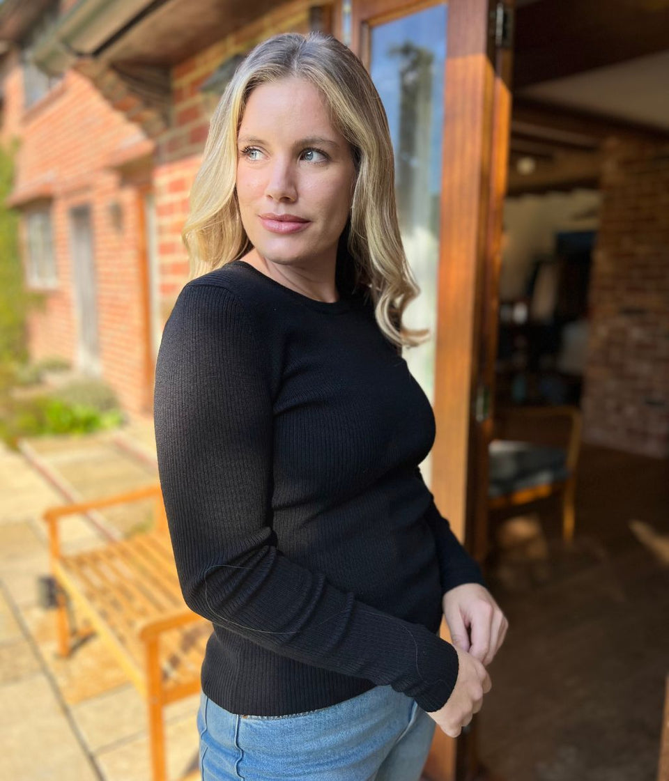 Black Merino Wool Ribbed Jumper