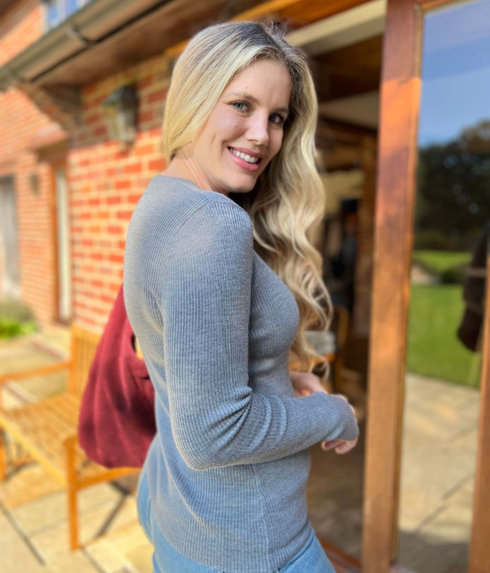 Grey Merino Wool Ribbed Jumper