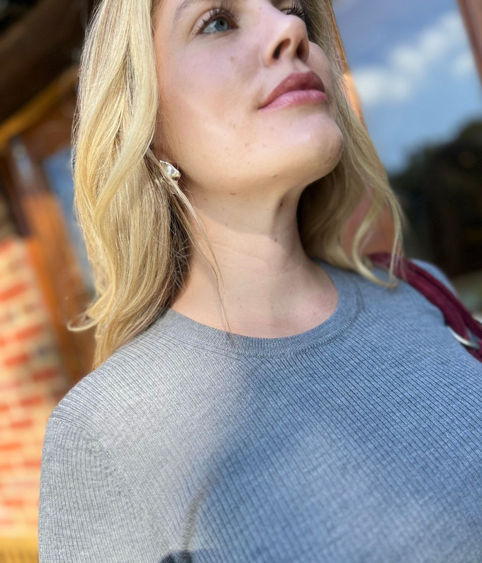 Grey Merino Wool Ribbed Jumper