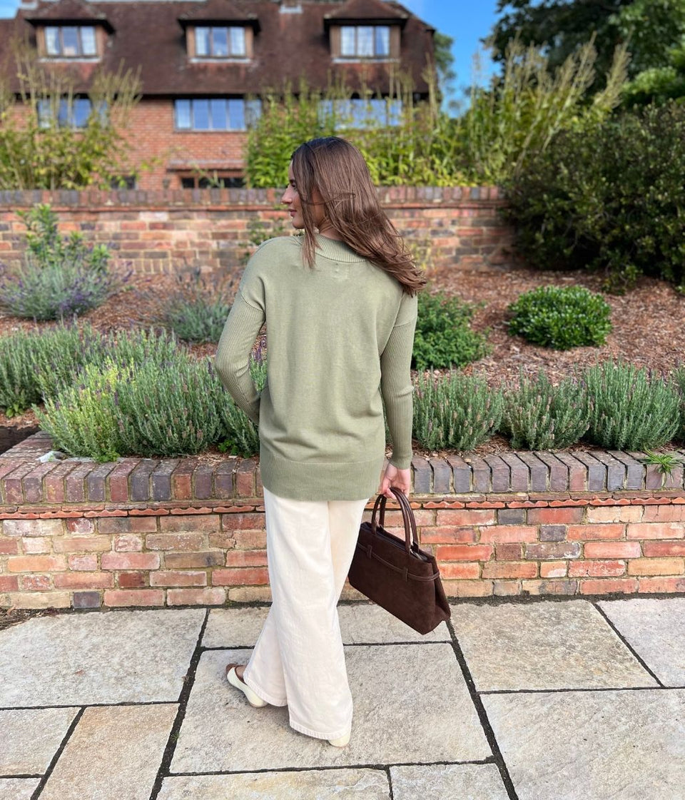 Sage Fine Knit V Neck Tunic Jumper