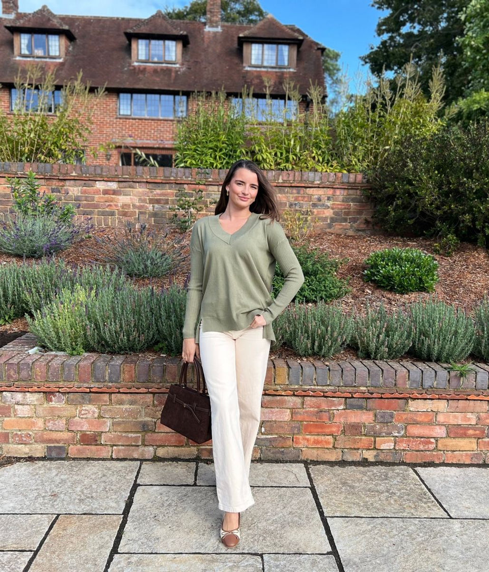 Sage Fine Knit V Neck Tunic Jumper