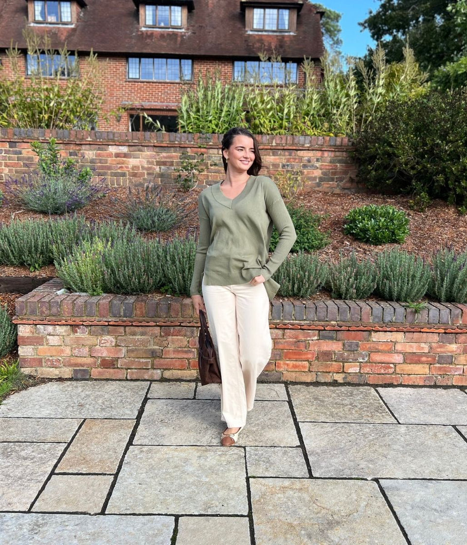 Sage Fine Knit V Neck Tunic Jumper