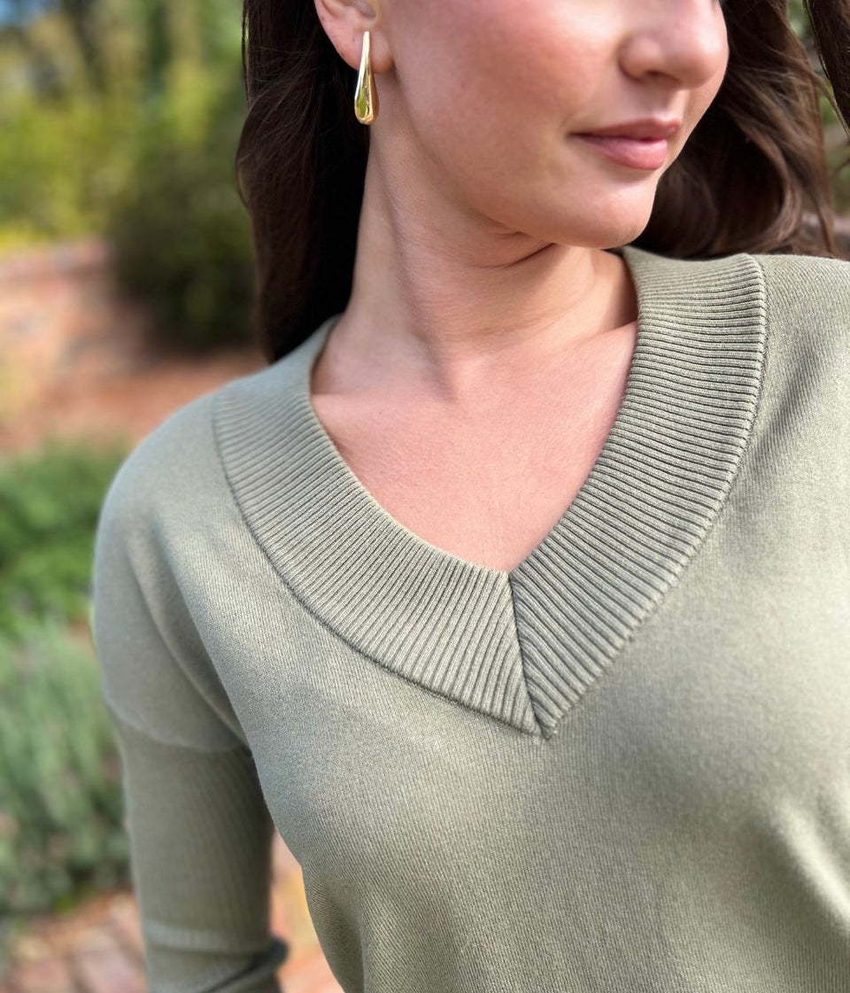 Sage Fine Knit V Neck Tunic Jumper