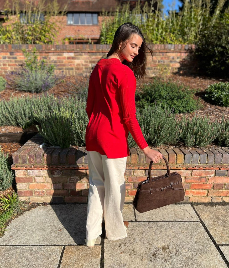 Red Fine Knit V Neck Tunic Jumper