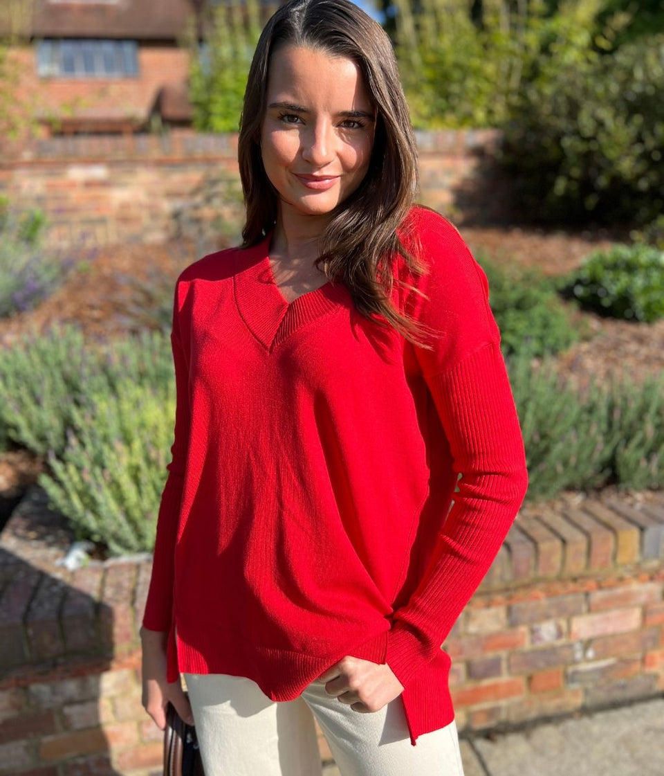 Red Fine Knit V Neck Tunic Jumper