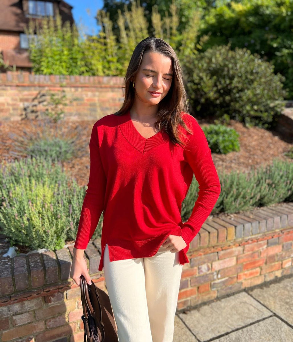 Red Fine Knit V Neck Tunic Jumper