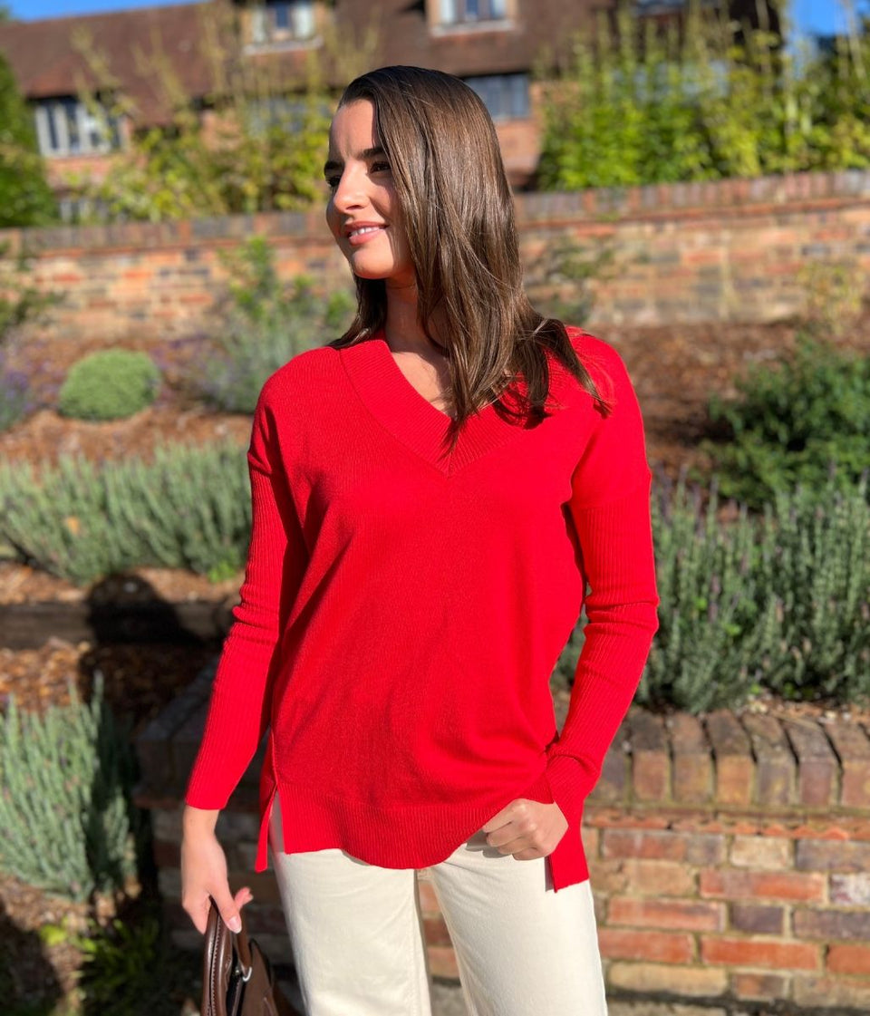 Red Fine Knit V Neck Tunic Jumper