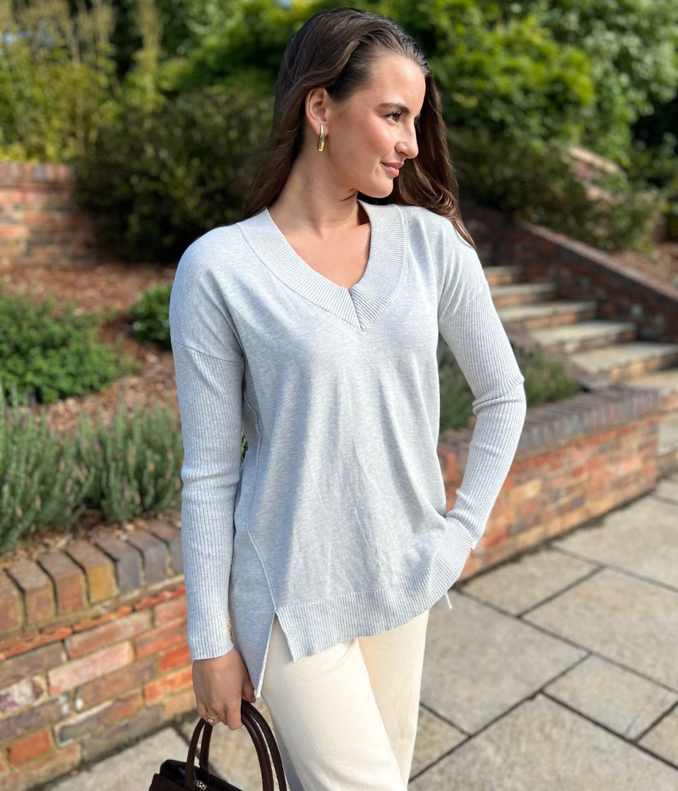 Grey Fine Knit V Neck Tunic Jumper