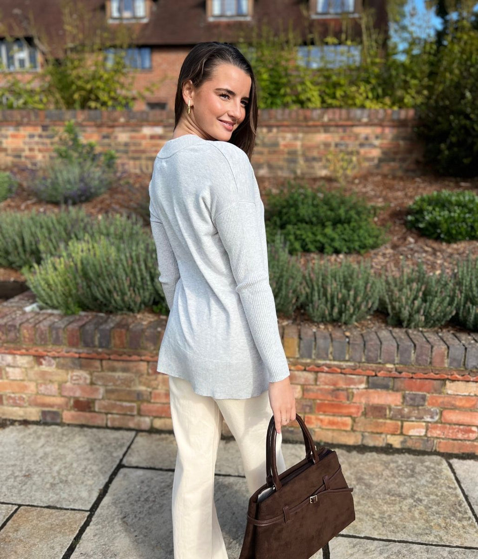 Grey Fine Knit V Neck Tunic Jumper