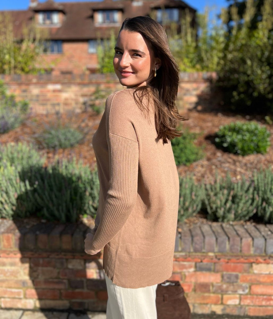 Caramel Fine Knit V Neck Tunic Jumper