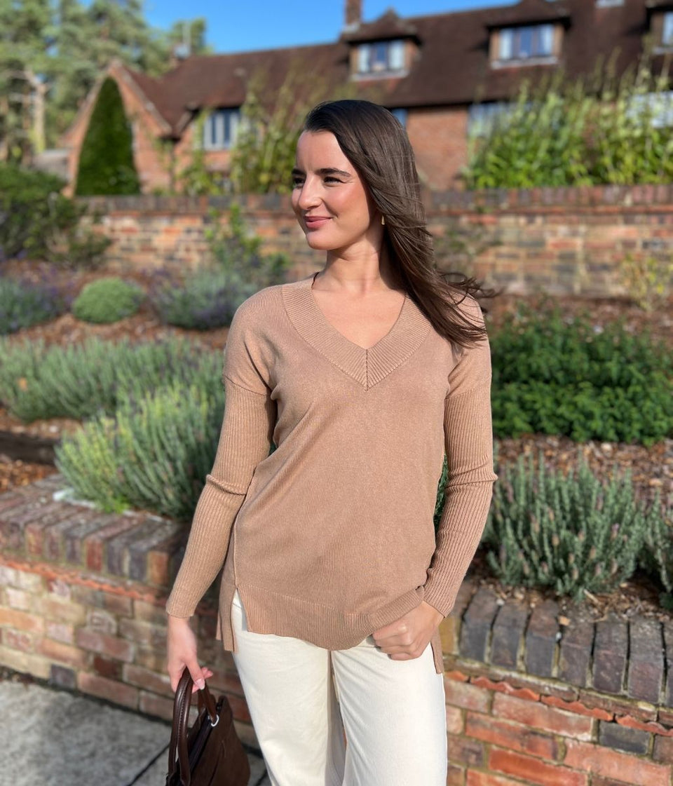 Caramel Fine Knit V Neck Tunic Jumper