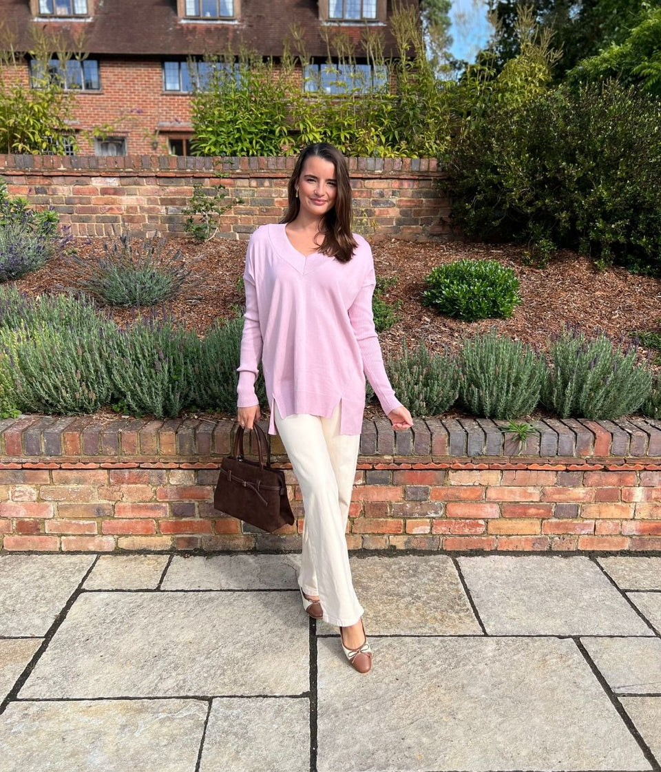 Pink Fine Knit V Neck Tunic Jumper