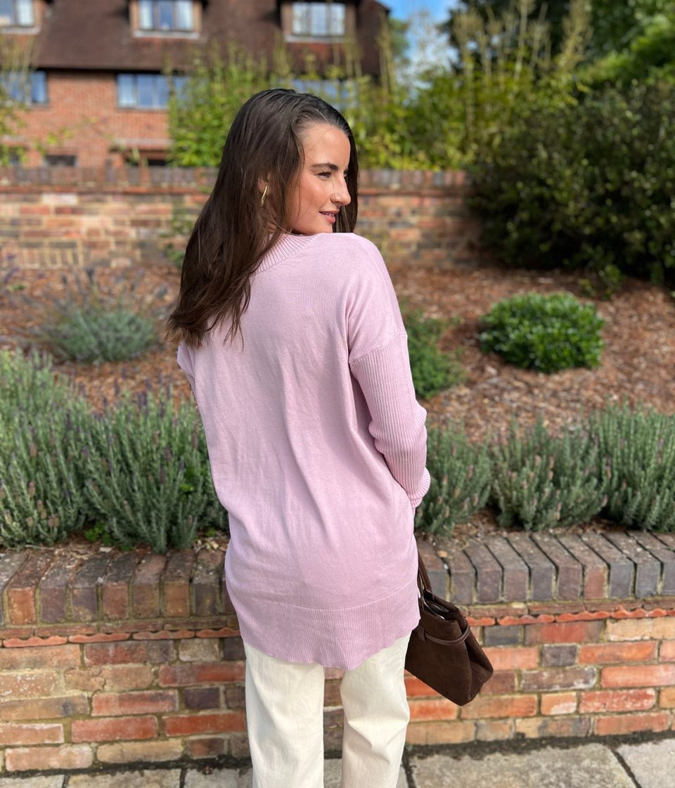 Pink Fine Knit V Neck Tunic Jumper